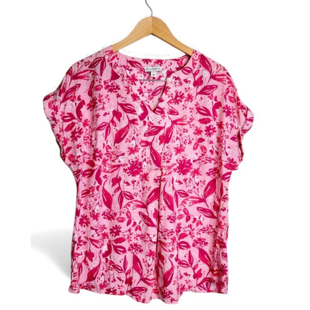 Kim Rogers‎ Shirt Size Large Womens Pink Floral V Neck Short Sleeve Blouse Rayon